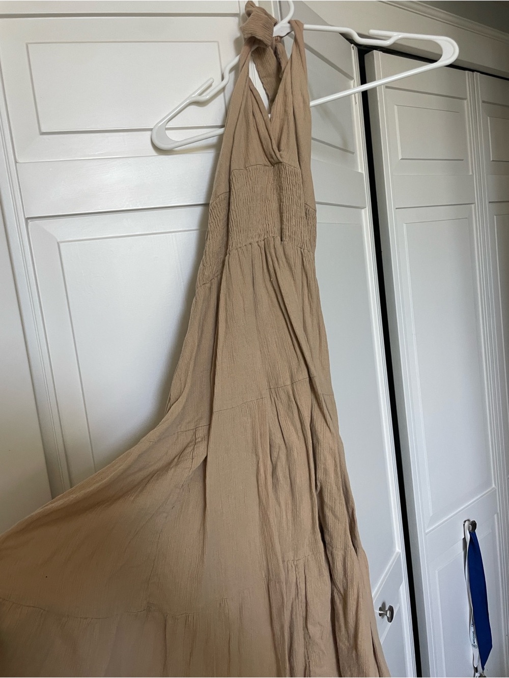 Bohemian Halter Smocked Waist Midi Dress in Beige